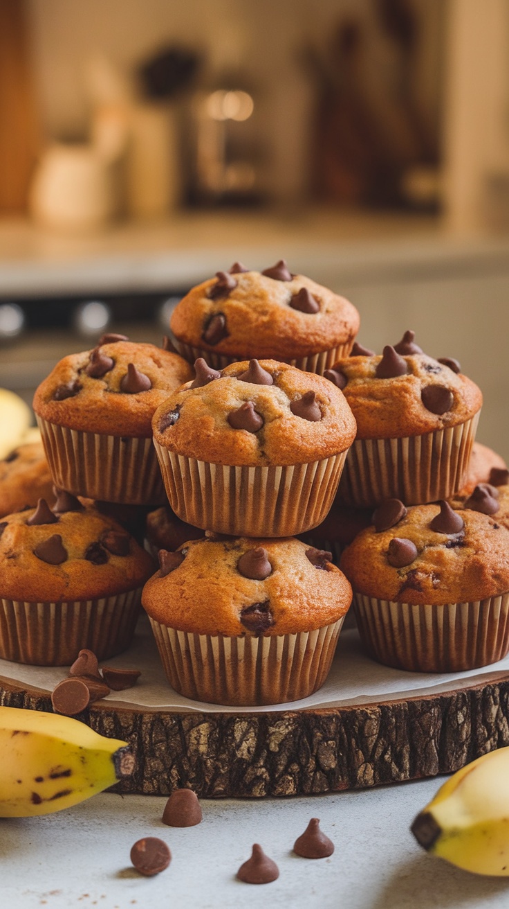 Delicious Banana Chocolate Chip Muffins on a wooden board, surrounded by bananas and chocolate chips.